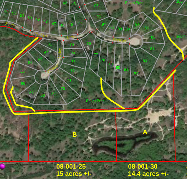 Aerial map showing property line boundaries for SRLF, South Park, and the Trails, with the easements added in.