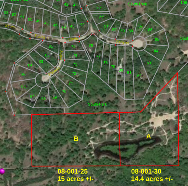 Aerial map showing property line boundaries for SRLF, South Park, and the Trails